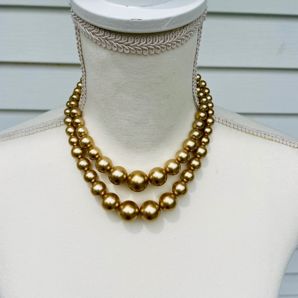 Vintage Gold Double Strand Faux Pearl Choker Necklace Chunky Graduated Hook 18in - Picture 3 of 15